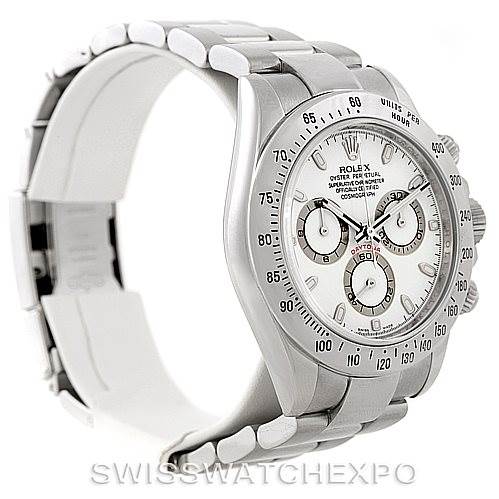 This image shows a side and frontal view of a Rolex Daytona 116520 Men's Stainless Steel White Dial 116520 Men's Stainless Steel White Dial watch, highlighting its dial, bezel, and bracelet.