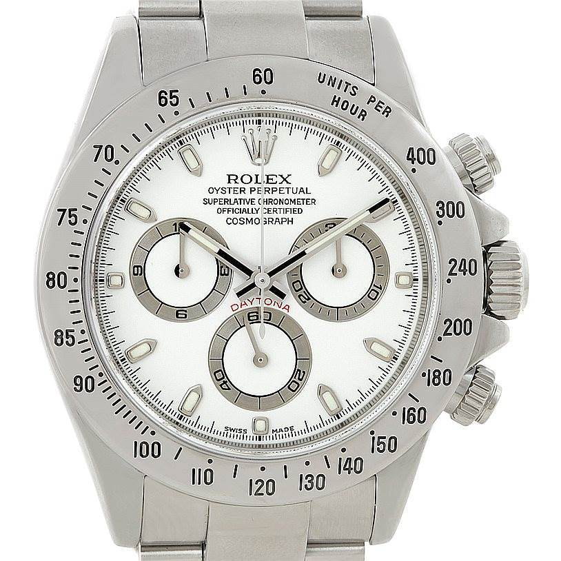 The image shows the front view of a Rolex Daytona 116520 Men
s Stainless Steel White Dial 116520 Men
s Stainless Steel White Dial watch, highlighting the dial, bezel, and pushers on the side.