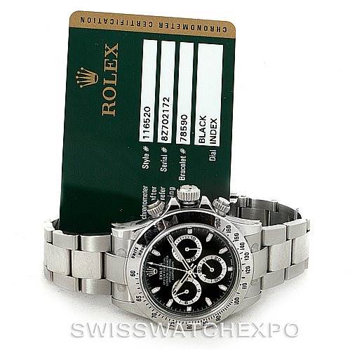 The image shows the front view of a Rolex Daytona 116520 Men's Stainless Steel Black Dial 116520 Men's Stainless Steel Black Dial watch with its identification card in the background.
