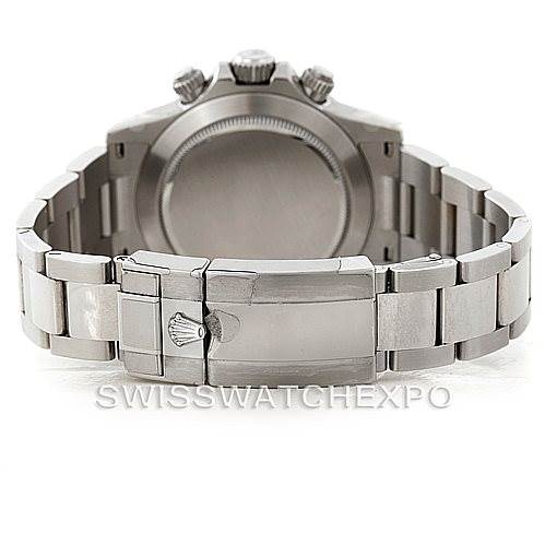 The image shows the back of the Rolex Daytona 116520 Men's Stainless Steel Black Dial 116520 Men's Stainless Steel Black Dial watch, focusing on the clasp and bracelet.