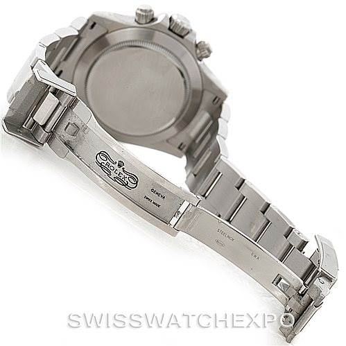 The image shows the back and open clasp of a Rolex Daytona 116520 Men's Stainless Steel Black Dial 116520 Men's Stainless Steel Black Dial watch, highlighting the bracelet and clasp details.