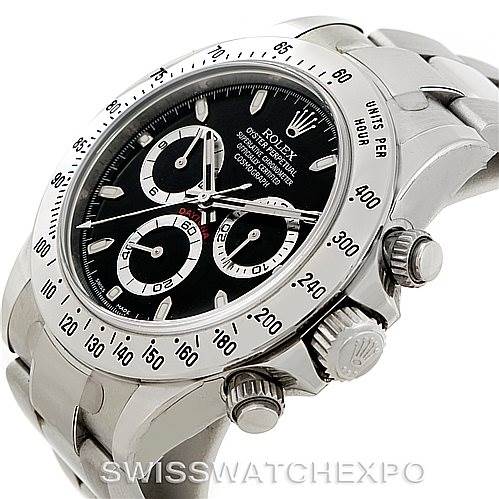 The image shows a close-up of a Rolex Daytona 116520 Men's Stainless Steel Black Dial 116520 Men's Stainless Steel Black Dial, angled to display the face, bezel, crown, and pushers on the side.