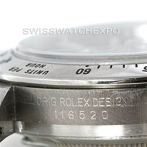 The image shows a close-up of the Rolex Daytona 116520 Men's Stainless Steel Black Dial 116520 Men's Stainless Steel Black Dial model, focusing on the bezel and part of the case with the engraving "ORIG ROLEX DESIGN 116520."