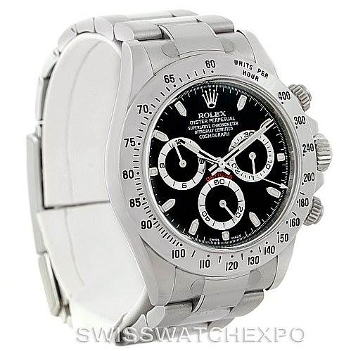 The image shows a Rolex Daytona 116520 Men's Stainless Steel Black Dial 116520 Men's Stainless Steel Black Dial watch at a three-quarter angle, highlighting the face, bezel, and bracelet details.