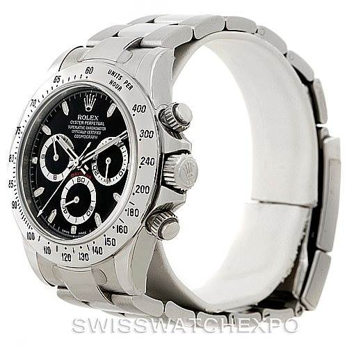 The image shows a side angle of the Rolex Daytona 116520 Men's Stainless Steel Black Dial 116520 Men's Stainless Steel Black Dial watch, highlighting the crown, pushers, and part of the bracelet.