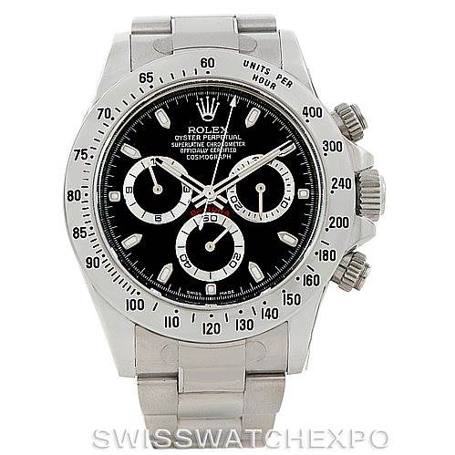 The Rolex Daytona 116520 Men's Stainless Steel Black Dial 116520 Men's Stainless Steel Black Dial watch is shown from a front angle, displaying the face, bezel, and part of the bracelet.