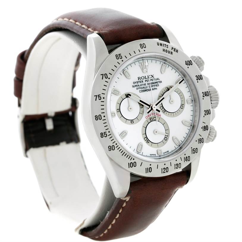 The image shows a side angle of a Rolex Daytona 116520 Men's Stainless Steel White Dial 116520 Men's Stainless Steel White Dial watch with a brown leather strap and a white dial featuring three subdials.