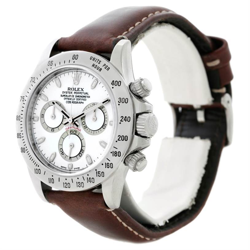 The image shows a Rolex Daytona 116520 Men's Stainless Steel White Dial 116520 Men's Stainless Steel White Dial watch with its face, bezel, side buttons, and a brown leather strap, viewed at an angle.