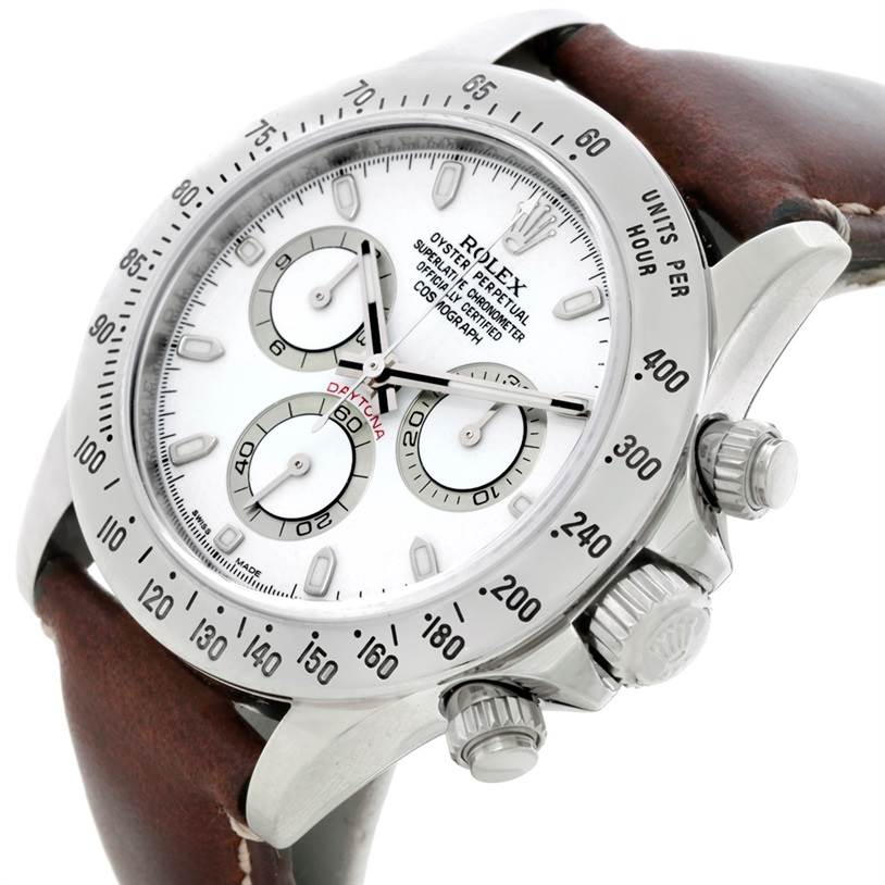 This image shows a close-up view of a Rolex Daytona 116520 Men's Stainless Steel White Dial 116520 Men's Stainless Steel White Dial watch, including its bezel, dial, sub-dials, crown, and pushers.