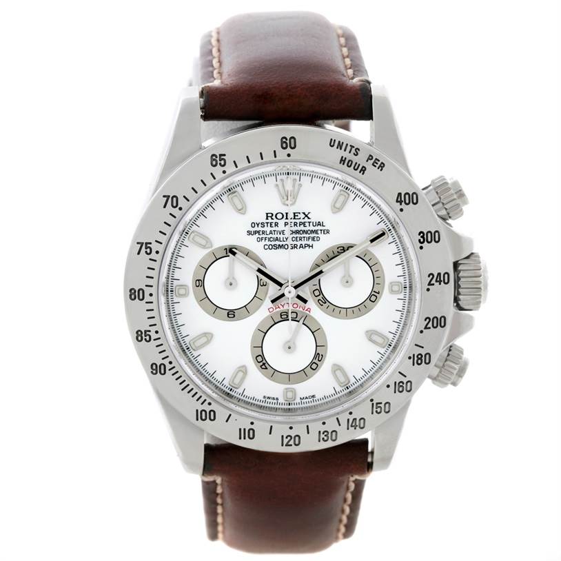This image shows a front view of a Rolex Daytona 116520 Men's Stainless Steel White Dial 116520 Men's Stainless Steel White Dial watch with a brown leather strap, highlighting its dial and bezel.