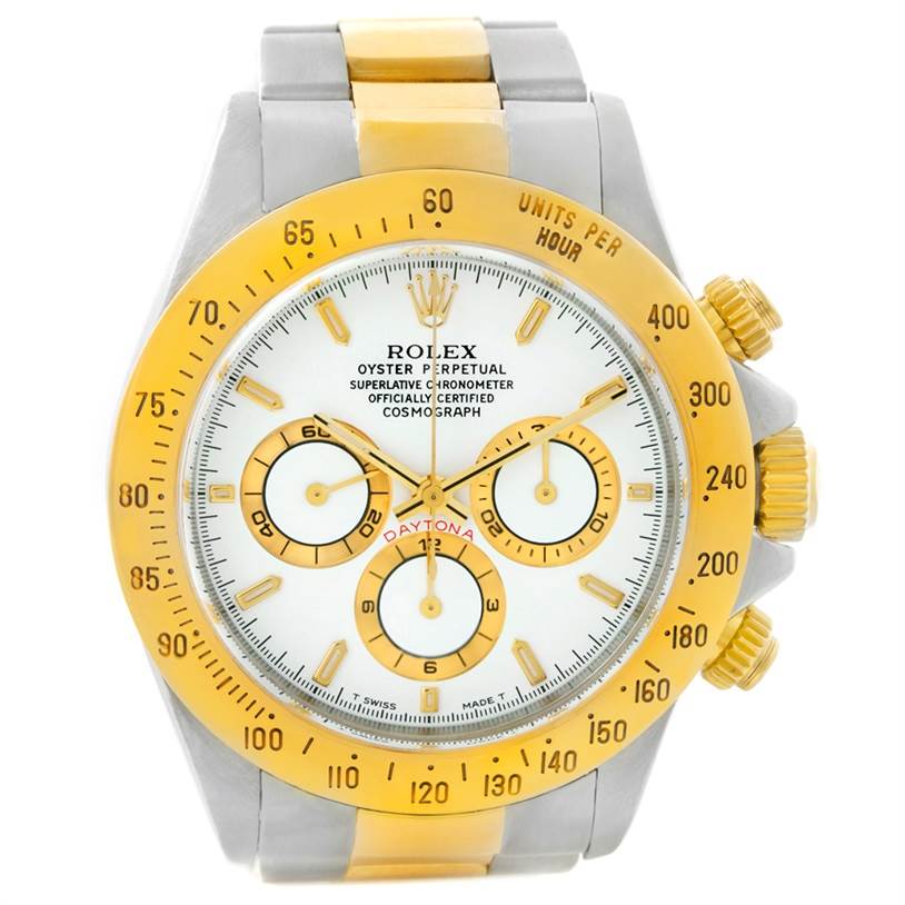 The image shows a frontal view of a Rolex Daytona 16523 Men's Steel and Gold (two tone) White Dial 16523 Men's Steel and Gold (two tone) White Dial watch, highlighting its gold bezel, sub-dials, and bracelet.