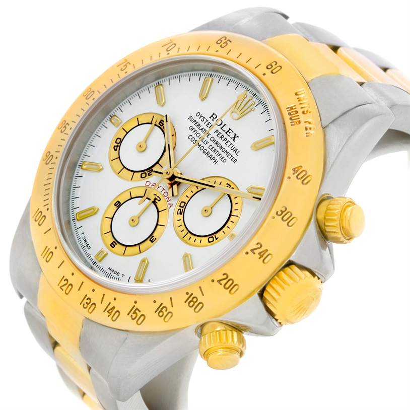 This image shows a close-up, angled view of the Rolex Daytona 16523 Men's Steel and Gold (two tone) White Dial 16523 Men's Steel and Gold (two tone) White Dial watch, highlighting the gold bezel, subdials, and crown.
