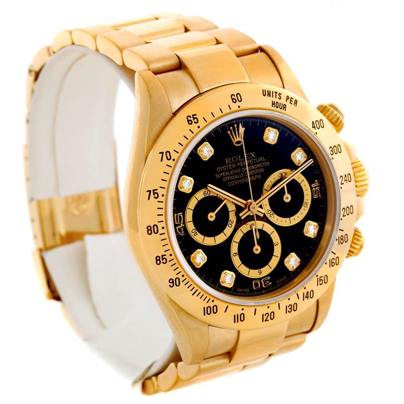 The Rolex Daytona Men's Yellow Gold Black Dial Men's Yellow Gold Black Dial watch is shown at a slight angle, highlighting its gold case, black dial with diamond hour markers, and bracelet.