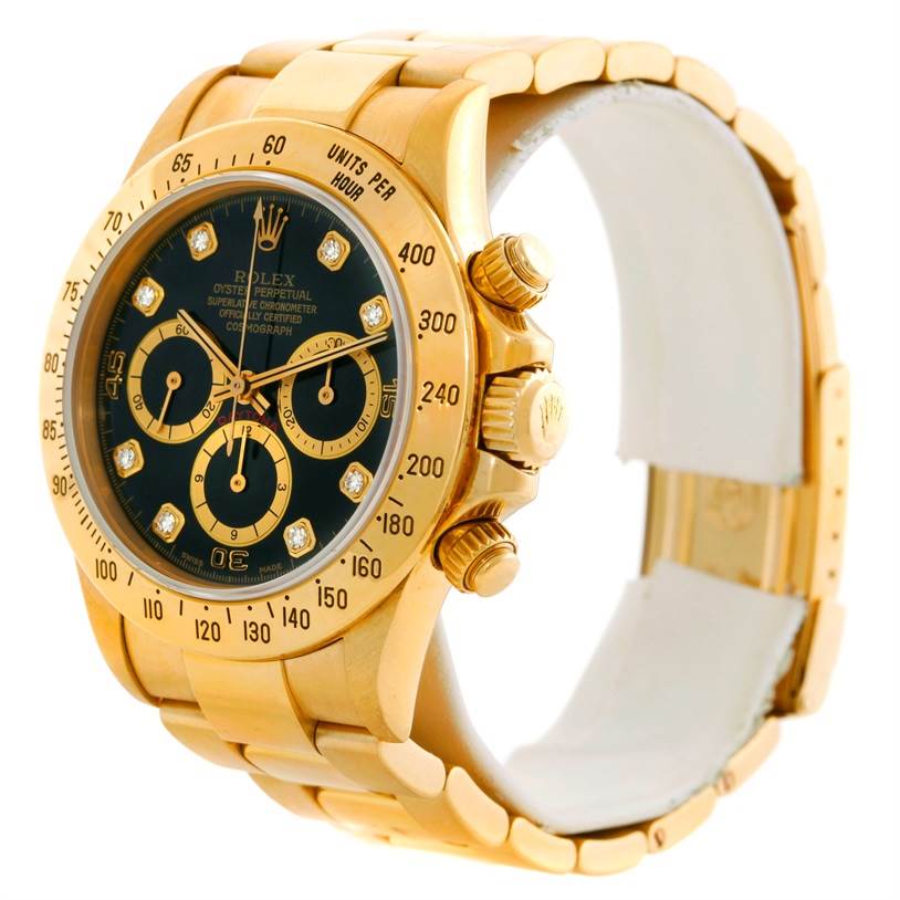 This image shows a side angle view of a gold Rolex Daytona Men's Yellow Gold Black Dial Men's Yellow Gold Black Dial watch, highlighting the case, bezel, dial, and part of the band.