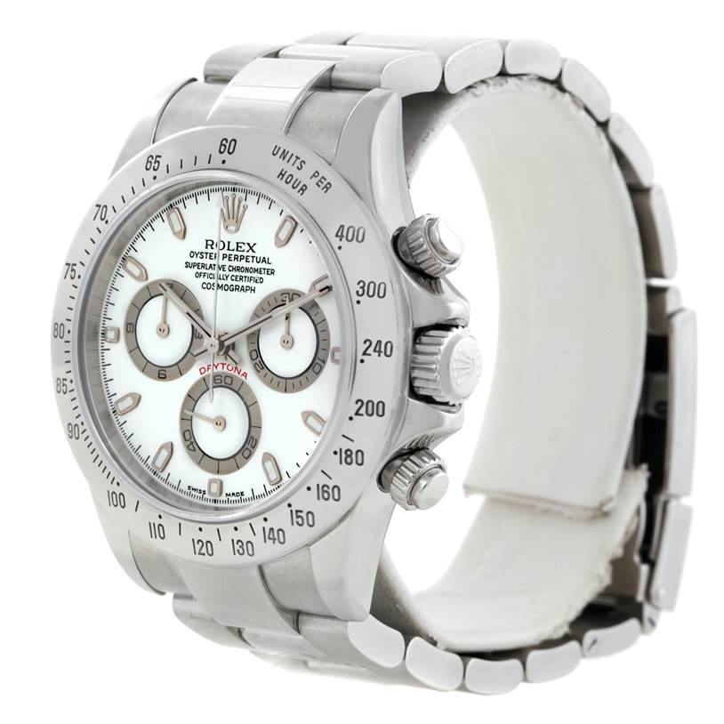 The Rolex Daytona 116520 Men's Stainless Steel White Dial 116520 Men's Stainless Steel White Dial watch is shown from a slight side angle, highlighting its dial, bezel, pushers, and bracelet.