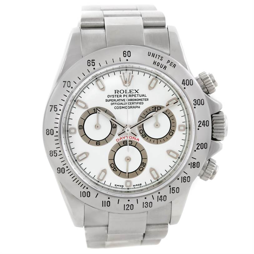 The image shows a front view of a Rolex Daytona 116520 Men's Stainless Steel White Dial 116520 Men's Stainless Steel White Dial watch, highlighting the dial, bezel, and bracelet.