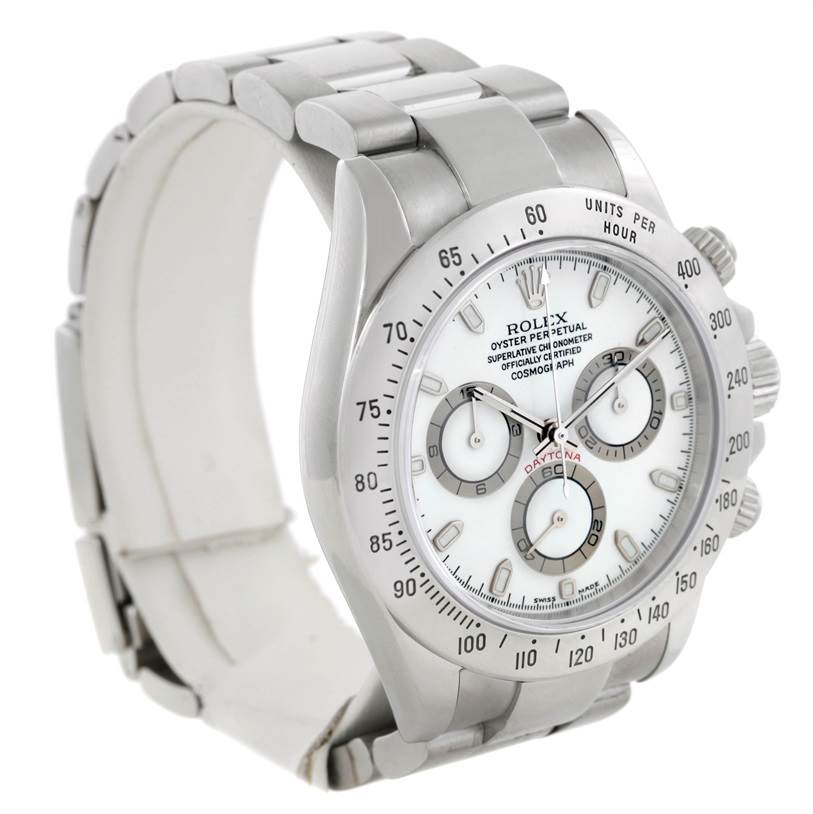 This image shows a Rolex Daytona 116520 Men's Stainless Steel White Dial 116520 Men's Stainless Steel White Dial watch at a slightly angled side view, displaying the face, three sub-dials, bezel, and bracelet.
