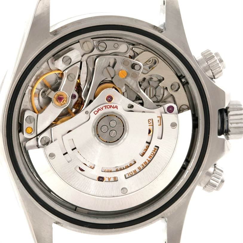 The image shows the inner mechanism and movement of a Rolex Daytona 116520 Men's Stainless Steel White Dial 116520 Men's Stainless Steel White Dial watch from the back angle.