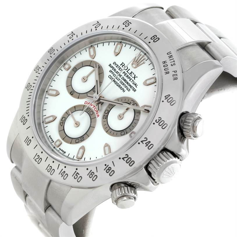 This image shows a Rolex Daytona 116520 Men's Stainless Steel White Dial 116520 Men's Stainless Steel White Dial watch from a slightly tilted angle, highlighting its bezel, dial, and pushers.