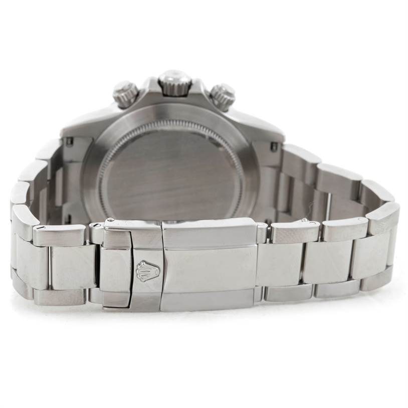 The image shows the back of the Rolex Daytona 116520 Men's Stainless Steel White Dial 116520 Men's Stainless Steel White Dial watch, highlighting its clasp, bracelet, and case back from a rear angle.