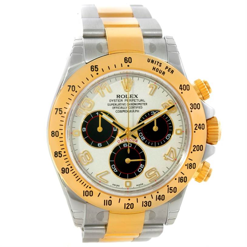 The image shows a front view of a Rolex Daytona 116523 Men's Steel and Gold (two tone) White Dial 116523 Men's Steel and Gold (two tone) White Dial watch with a yellow gold and stainless steel bracelet and bezel.