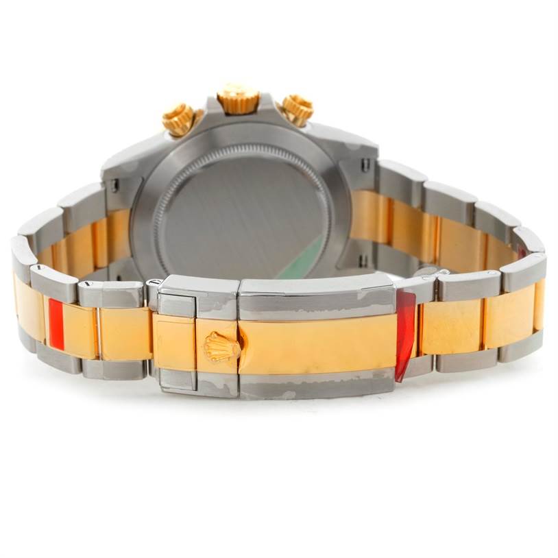 The image shows the back view of the Rolex Daytona 116523 Men's Steel and Gold (two tone) White Dial 116523 Men's Steel and Gold (two tone) White Dial watch, highlighting the bracelet and clasp.