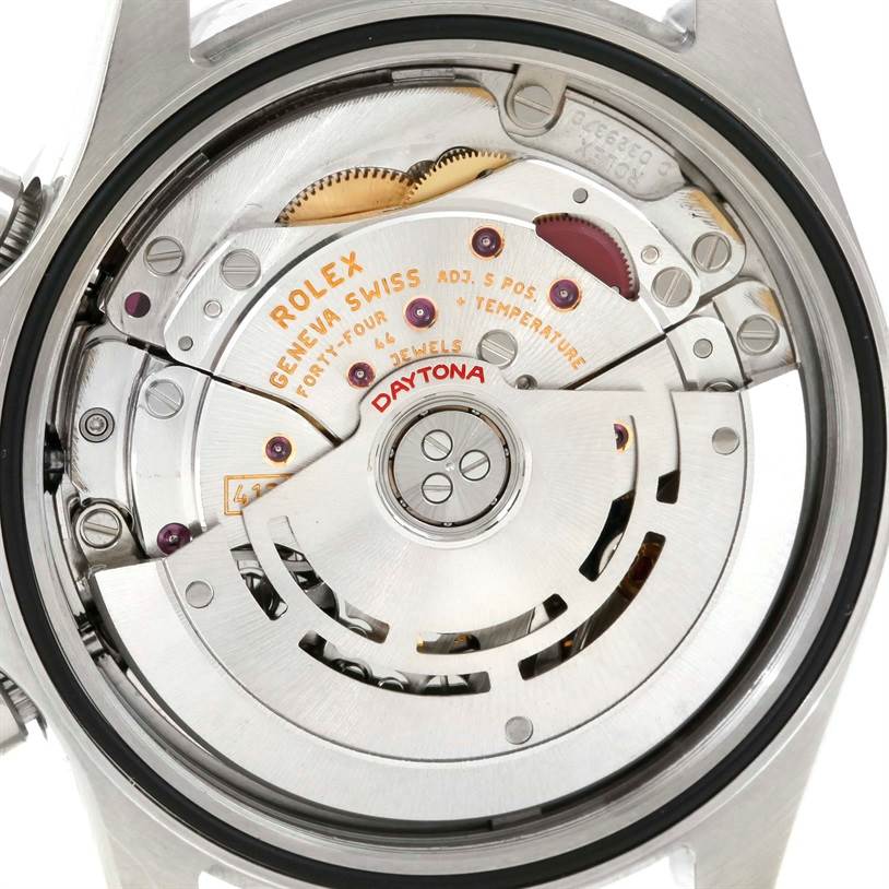 The image shows the back view of the Rolex Daytona 116520 Men's Stainless Steel White Dial 116520 Men's Stainless Steel White Dial watch, revealing its intricate automatic movement components.