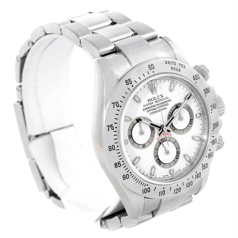 This image shows a Rolex Daytona 116520 Men's Stainless Steel White Dial 116520 Men's Stainless Steel White Dial watch at a three-quarter angle, highlighting the face, bezel, and part of the bracelet.