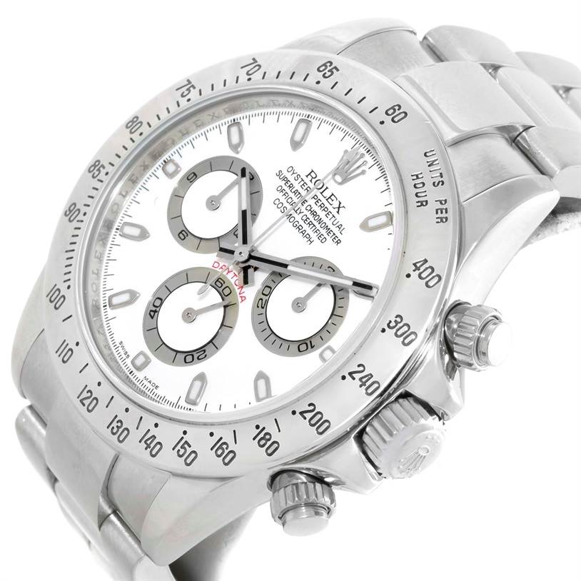 This image shows a close-up angle of the face, bezel, and crown of the Rolex Daytona 116520 Men's Stainless Steel White Dial 116520 Men's Stainless Steel White Dial watch.