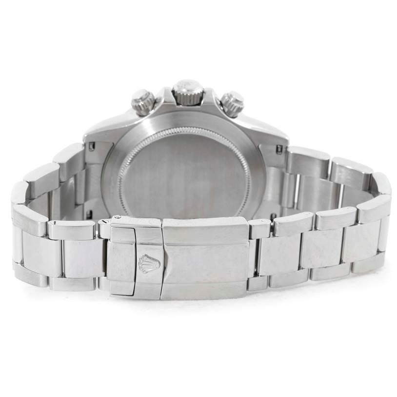 This image shows the back view of a Rolex Daytona 116520 Men's Stainless Steel White Dial 116520 Men's Stainless Steel White Dial watch, highlighting the case back, crown, and bracelet clasp.