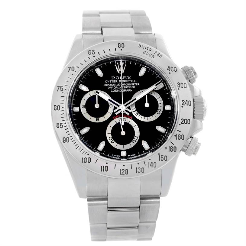 This image shows a front view of the Rolex Daytona 116520 Men's Stainless Steel Black Dial 116520 Men's Stainless Steel Black Dial watch, highlighting its dial, bezel, and bracelet.
