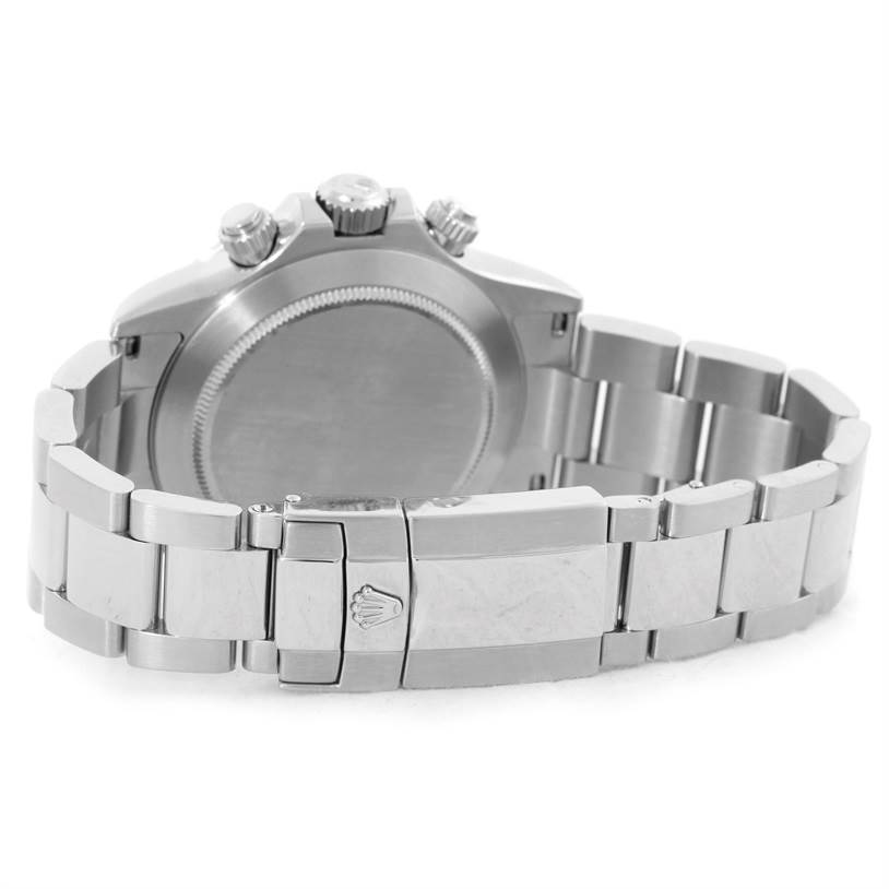 This image shows the back case and bracelet of a Rolex Daytona 116520 Men's Stainless Steel Black Dial 116520 Men's Stainless Steel Black Dial watch in a partially opened position.