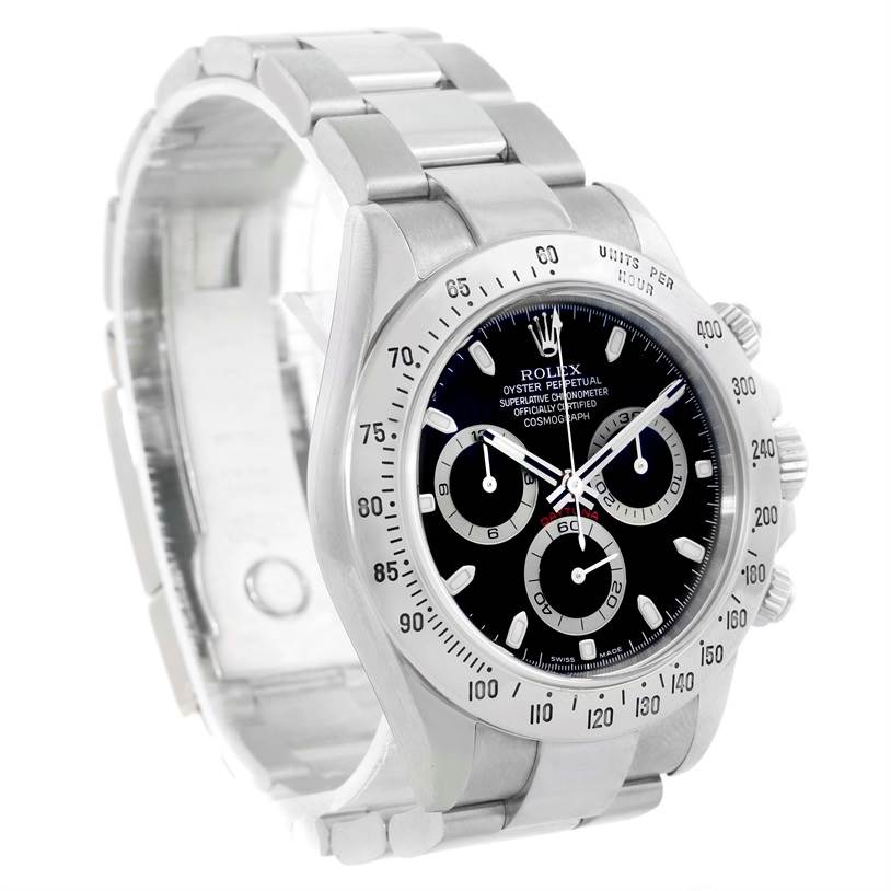 The image shows a Rolex Daytona 116520 Men's Stainless Steel Black Dial 116520 Men's Stainless Steel Black Dial watch at a slight angle, detailing its bracelet, bezel, and black dial with chronograph sub-dials.