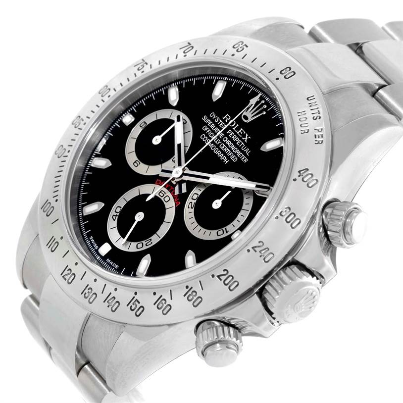 The image shows a Rolex Daytona 116520 Men's Stainless Steel Black Dial 116520 Men's Stainless Steel Black Dial watch at an angled close-up, highlighting the dial, subdials, pushers, and crown.