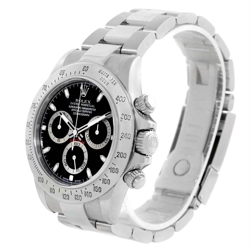 This image shows a Rolex Daytona 116520 Men's Stainless Steel Black Dial 116520 Men's Stainless Steel Black Dial watch from a front-left angle, highlighting its dial, bezel, and bracelet.