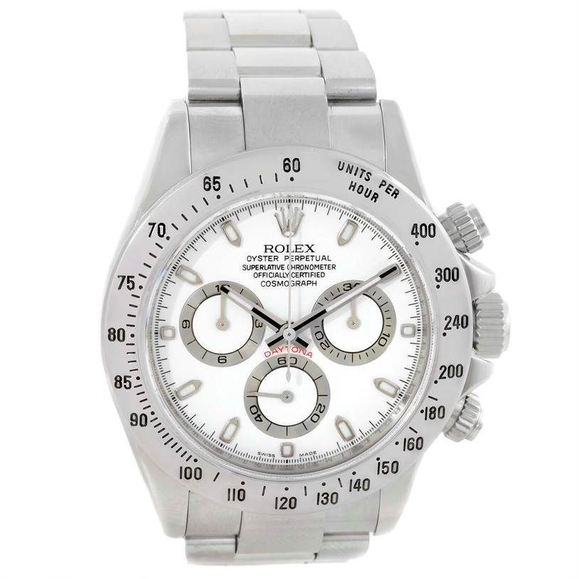 The image shows a frontal view of a Rolex Daytona 116520 Men's Stainless Steel White Dial 116520 Men's Stainless Steel White Dial watch, highlighting the dial, bezel, and bracelet.