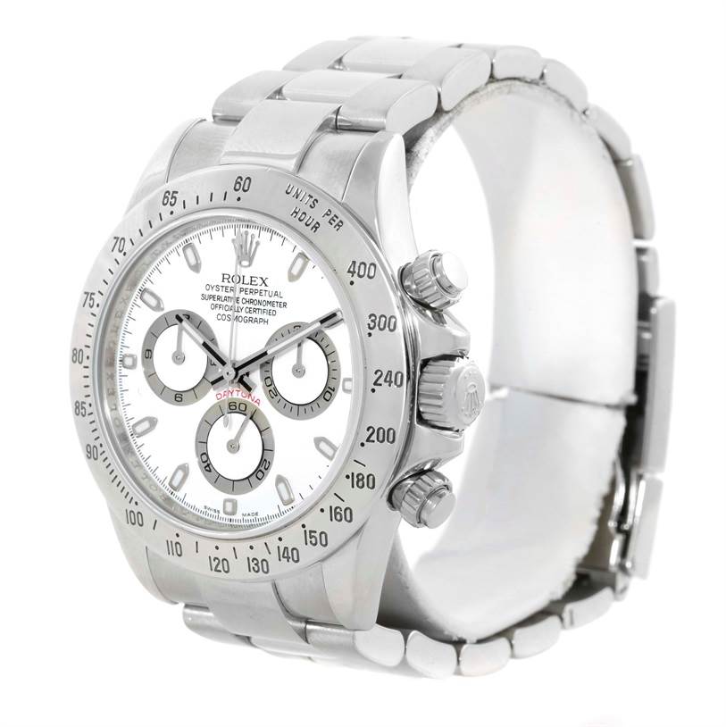 This Rolex Daytona 116520 Men's Stainless Steel White Dial 116520 Men's Stainless Steel White Dial watch is shown from a front angle, highlighting its face, bezel, and stainless steel bracelet.