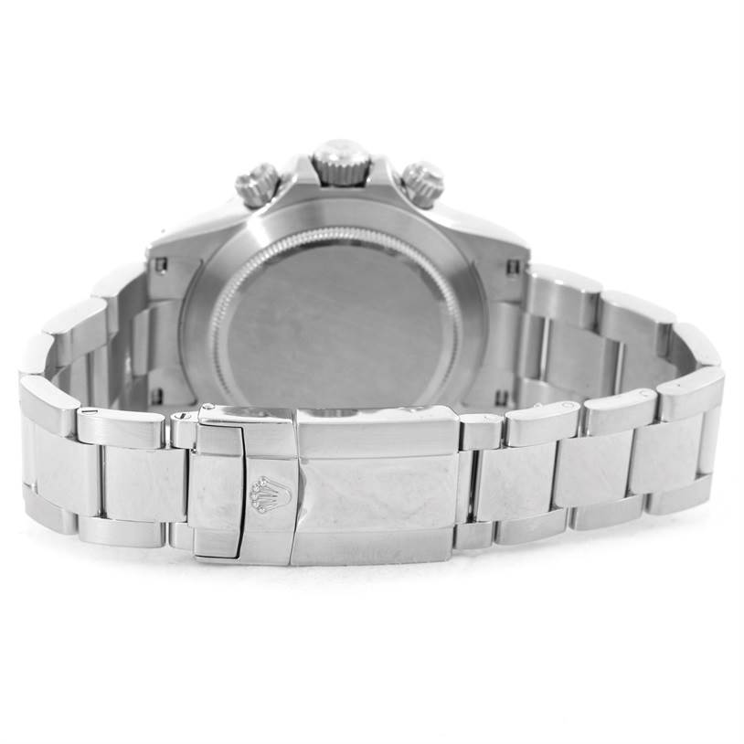 This image shows the back case and bracelet clasp of a Rolex Daytona 116520 Men's Stainless Steel White Dial 116520 Men's Stainless Steel White Dial watch from a rear angle.