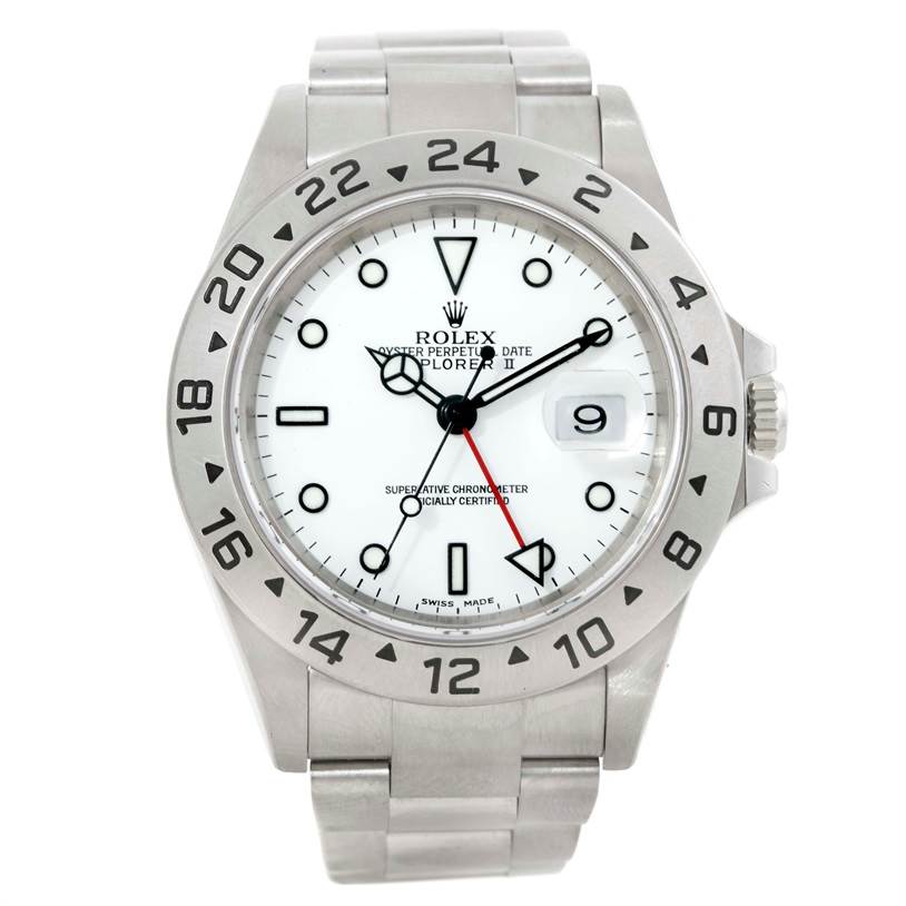 The image shows a front view of the Rolex Explorer 16570 Men's Stainless Steel White Dial 16570 Men's Stainless Steel White Dial watch, displaying its face, bezel, and stainless steel bracelet.