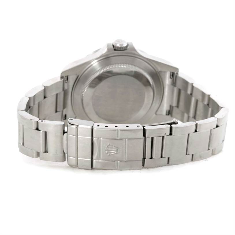 This image shows the back and bracelet clasp of a Rolex Explorer 16570 Men's Stainless Steel White Dial 16570 Men's Stainless Steel White Dial watch, displaying the stainless steel case and link bracelet.