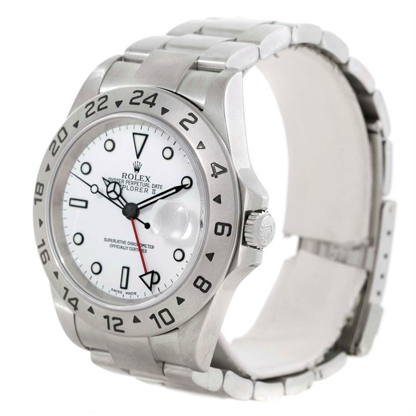 The image shows a Rolex Explorer 16570 Men's Stainless Steel White Dial 16570 Men's Stainless Steel White Dial watch at an angle, displaying the face, bezel, crown, and part of the metal bracelet.