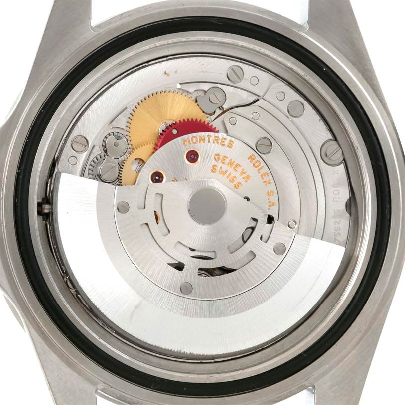 The image shows the internal mechanism and movement of the Rolex Explorer 16570 Men's Stainless Steel White Dial 16570 Men's Stainless Steel White Dial model from a back view angle.