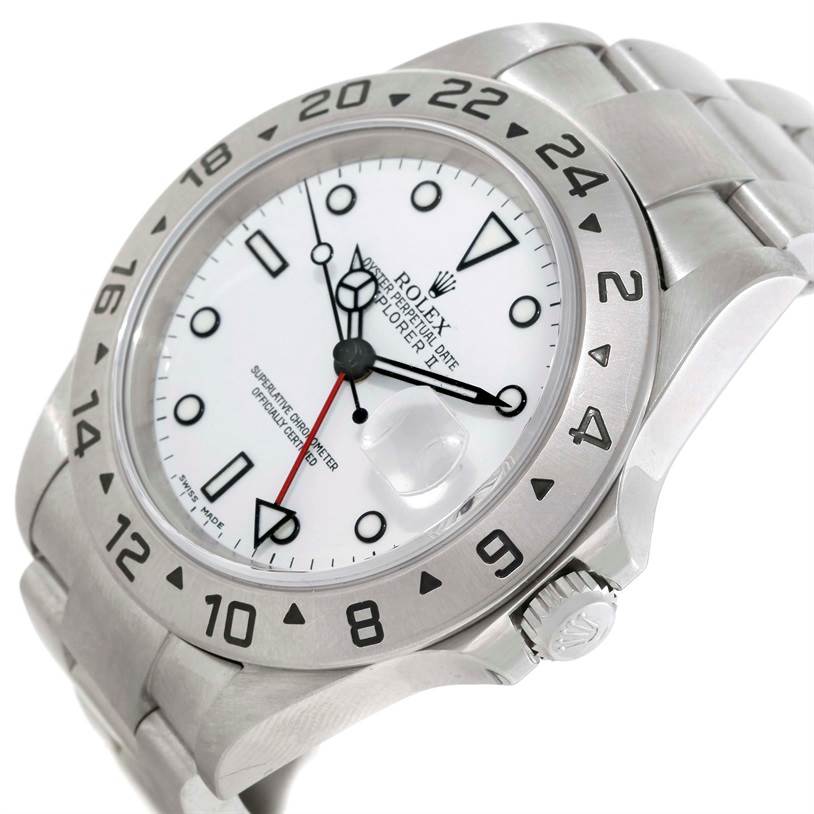 This image shows a Rolex Explorer 16570 Men's Stainless Steel White Dial 16570 Men's Stainless Steel White Dial watch from a front-side angle, highlighting the bezel, dial, and bracelet.