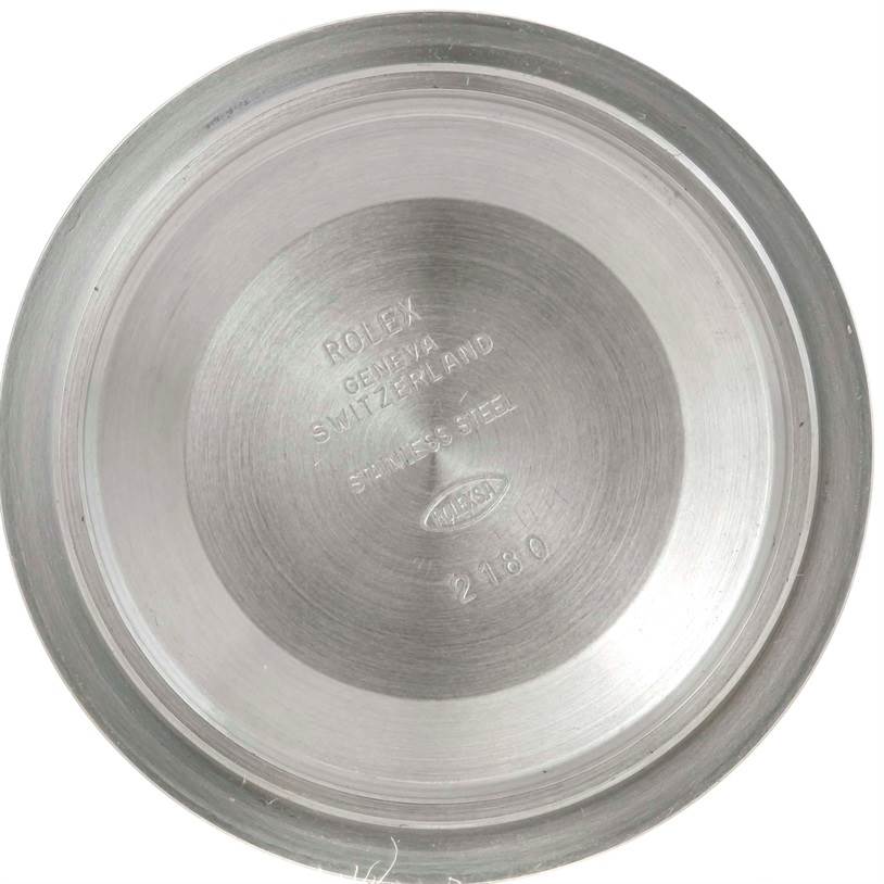 The image shows an inside view of the back cover of a Rolex Explorer 16570 Men's Stainless Steel White Dial 16570 Men's Stainless Steel White Dial watch in stainless steel.