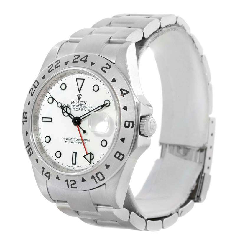The image shows a Rolex Explorer 16570 Men's Stainless Steel White Dial 16570 Men's Stainless Steel White Dial watch from a front angle, highlighting the dial, bezel, and bracelet.