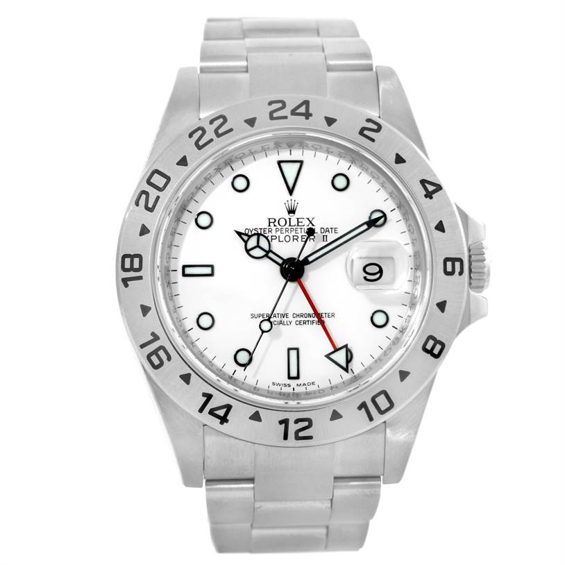 The image shows a frontal view of a Rolex Explorer 16570 Men's Stainless Steel White Dial 16570 Men's Stainless Steel White Dial watch, displaying its dial, hands, bezel, and bracelet.