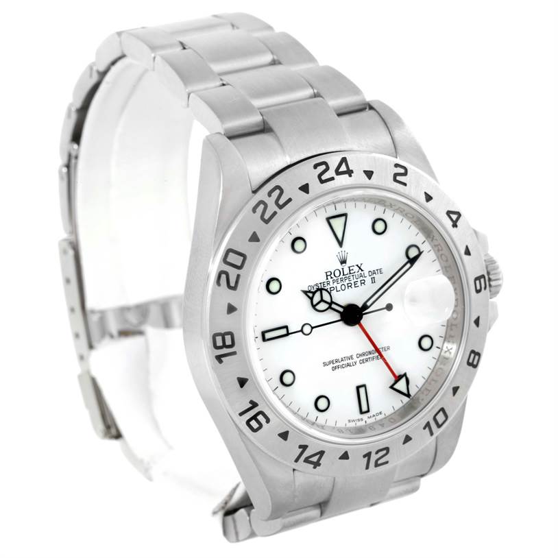 This image shows a Rolex Explorer 16570 Men's Stainless Steel White Dial 16570 Men's Stainless Steel White Dial model watch from an angle highlighting the watch face, bezel, crown, and part of the bracelet.