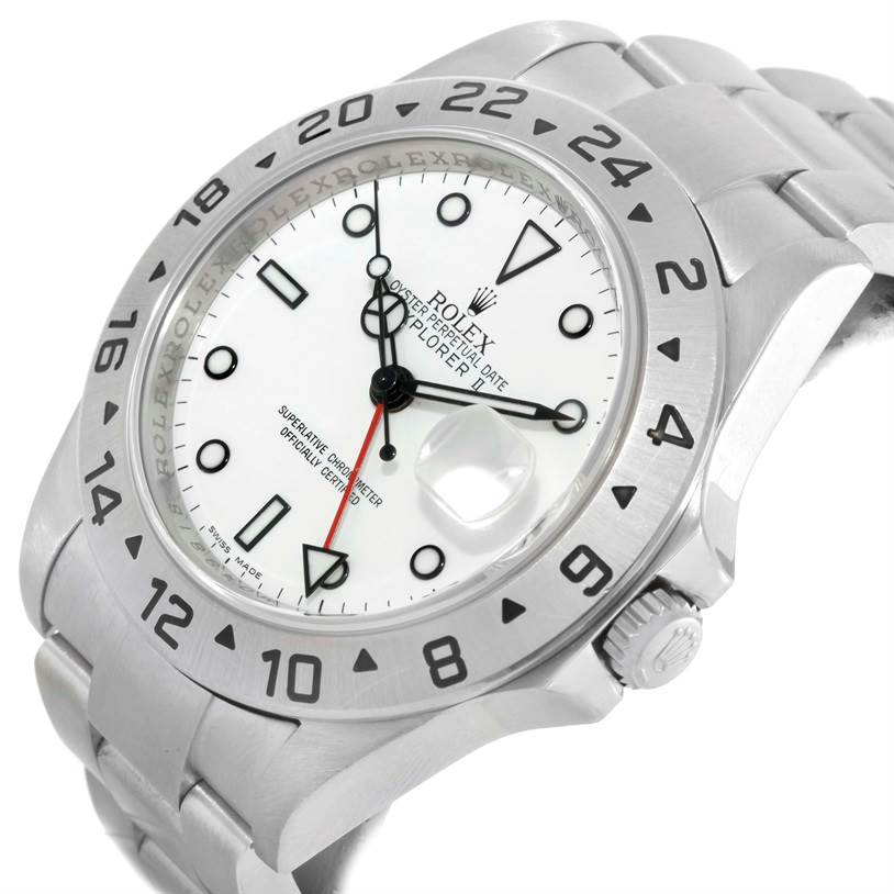 The image shows a close-up of the Rolex Explorer 16570 Men's Stainless Steel White Dial 16570 Men's Stainless Steel White Dial watch, highlighting its bezel, dial, crown, and part of the bracelet.