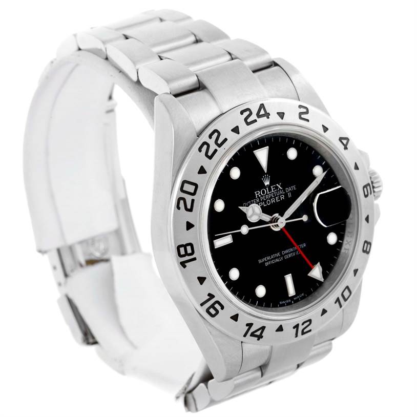 This Rolex Explorer 16570 Men's Stainless Steel Black Dial 16570 Men's Stainless Steel Black Dial watch is shown at a side angle, highlighting its bezel, dial, bracelet, and crown.