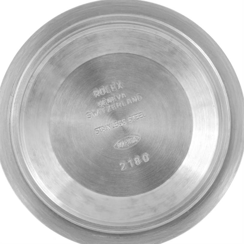 This image shows the stainless steel case back of a Rolex Explorer 16570 Men's Stainless Steel Black Dial 16570 Men's Stainless Steel Black Dial watch from an overhead angle.